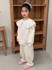 DAZY 2pcs/Set Young Girls Round Neck Lace Patchwork Long Sleeve Casual Sweatshirt And Loose Fit Pants Set - Apricot - View 6