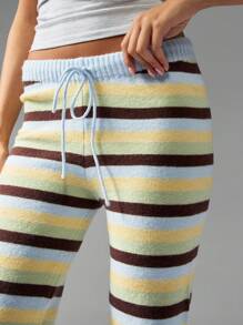 MISSGUIDED Pantalones de punto a rayas retro con cordón en la cintura, pernera ancha, estilo Y2K, pantalones informales de otoño e invierno, pantalones de estar por casa estilo vintage cómodos - Multicolor - Ver 5