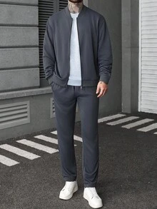 Manfinity CasualCool Men's Casual Solid Color Jacket And Pants Set Men Joggers Suit Men 2 Pieces Leisure Suits Men 2 Pieces Set Men Suit Set Grey Men Casual Suit , Fall Clothes - Dark Grey - View 7