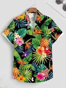 Manfinity RSRT 时尚休闲成熟热带植物菠萝组合元素全身数码印花图案常规版型男士短袖衬衫，适合夏季户外、约会、派对、情侣装、男友礼物 - 彩色 - 查看 4