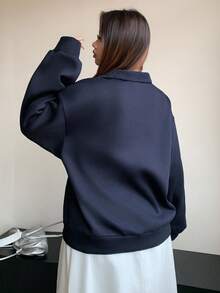 Dazy Plus Áo nỉ nữ dáng rộng, lót giữ nhiệt, in họa tiết, khóa kéo nửa thân, phong cách đường phố, cỡ lớn, dành cho nữ, mùa xuân/thu. - Màu xanh hải quân - Xem 2