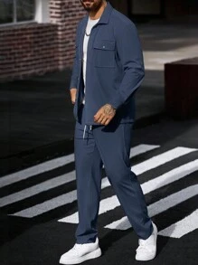 Manfinity CasualCool 男士灯芯绒工作衬衫和裤子两件套，秋季服装 - 寶藍色 - 查看 5