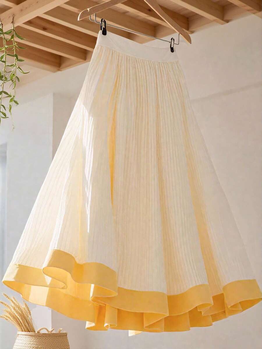 DreamSkyne 大码女式优雅撞色下摆超长黄色半身裙，法式百褶 A 字裙，适合春秋季节、教师装、女士日常通勤 - 白色 - 查看 1