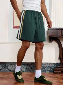 Manfinity VCAY Men's Summer Casual Colorblock Striped Athletic Shorts - Dark Green - View 1