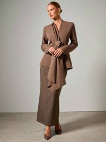 COSMINA 女士金属花朵装饰长袖优雅薄款西装外套，秋冬商务休闲女士 - 咖啡棕 - 查看 3