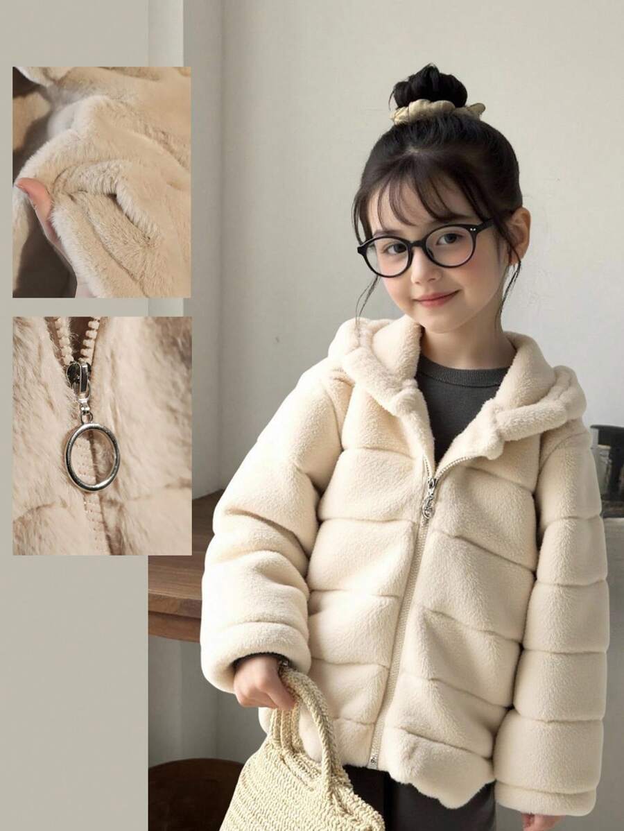 女童毛绒格子对称图案连帽休闲百搭夹克,适合日常穿着 - 卡其色 - 查看 1