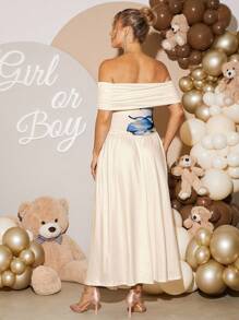 Loomaby 优雅花卉印花露肩孕妇派对连衣裙 - 米色 - 查看 2