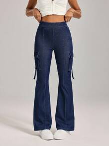 Flexra Calça Denim Feminina Casual, Versátil, Cintura Fina e Perna Flare, Para Uso Diário - Azul - Visão 4