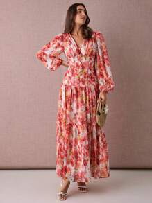 Enchnt Rochie elegantă pentru femei cu imprimeu floral, decolteu în V, mâneci tip felinar, tiv cu volane - roșu - Vizualizare 4