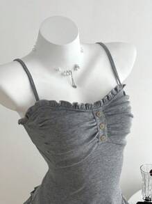 Elamini 女士休闲吊带背心，饰有荷叶边和前褶 - 深灰色 - 查看 4