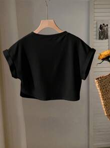 Comfortcana Áo thun nữ tay ngắn màu đen họa tiết quả anh đào tối giản giản dị, phù hợp cho mùa hè - màu đen - Xem 2