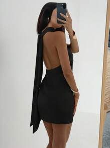 Aloruh Women's Solid Color Fashionable Backless Sexy Halter Mini Dress,Black Dresses Classy Elegant,Party Dress,Party Dresses For Women - Black - View 6