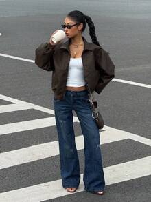 Muchica Quần áo mùa thu cho nữ Áo khoác da PU họa tiết bông tuyết cổ điển mới, thích hợp mặc hàng ngày và dạo phố - màu nâu - Xem 3