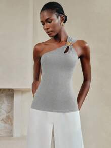 Arave Women's Summer Sleeveless Gray Hollow Metal Button 3D Flower Decoration One Shoulder Tank Top Resort Wear For Women, Vacation Tops, Gold Buttons, Sexy Tops Vacation Outfits Woman Off The Shoulder Top Party Dresses For Women