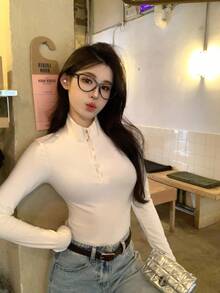 DAZY Women's Korean Style Casual Long Sleeve Basic T-Shirt, Suitable For Spring And Autumn