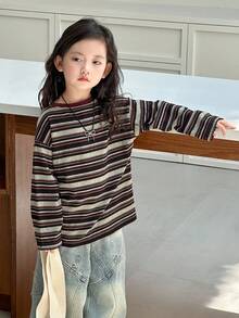 DAZY Young Girls Round Neck Casual Long Sleeve T-Shirt, Brown Stripes, Korean Style, Spring/Autumn - Coffee Brown - View 3