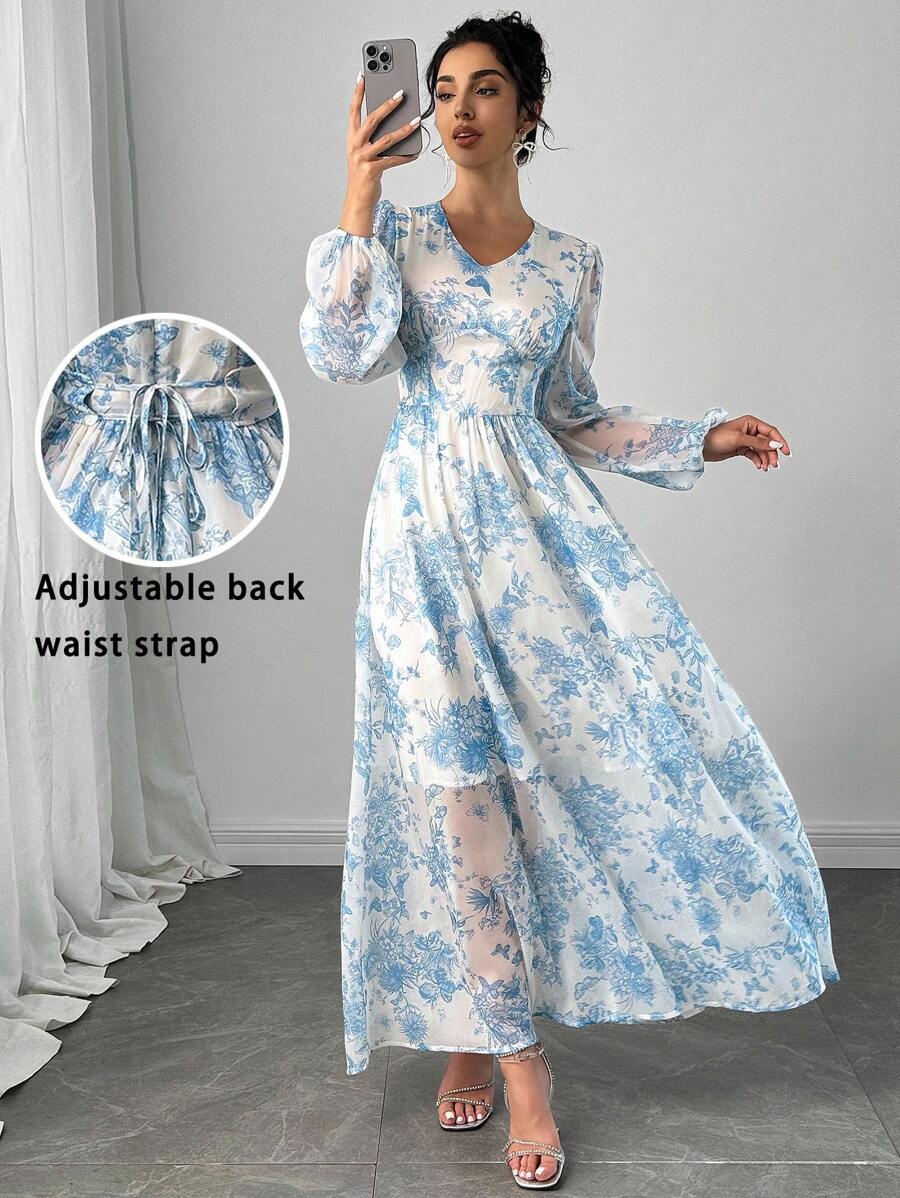 Modelyn 女式花卉印花V领灯笼袖优雅连衣裙 - 藍色 - 查看 1