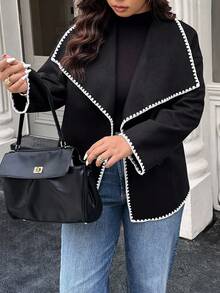 Calvaya Plus Size Autumn/Winter Fashion Color Block Trim Overcoat Fall Cloth For Women - Black - View 5