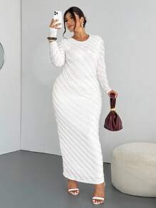 Firerie 大码女式白色浪漫优雅蕾丝提花长袖收腰鱼尾下摆长裙，优雅/办公室/度假/派对/约会/情人节/音乐会/表演/正式/高端宴会/舞会/婚礼季/性感/优雅/通勤/返校/度假/海滩/优雅浪漫/办公室美女/美人鱼风格/生日派对礼服