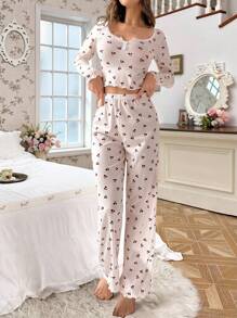 CottageSlumber Cherry Print Half-Buttoned Long Sleeve Top And Pants Pajama Set Holiday Season Bountiful Floral Splendor, Fall Winter Clothes Cozy And Elegant Details - Apricot - View 3