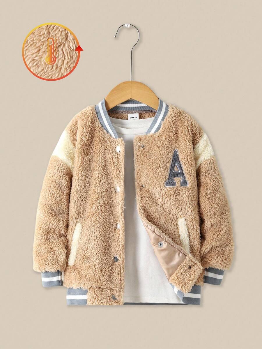 Young Girl Brown Plush Paneled Bomber Jacket With Collegiate Letter Embroidery,Autumn/Winter.2025 Back-To-School Season College And Campus Sportswear Fall - Brown - View 1