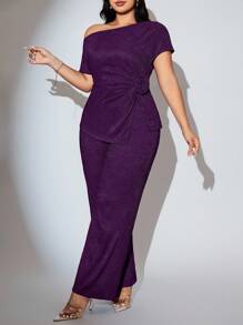 Modelyn Plus Size Women's Solid Color Oblique Shoulder Floral Decor Top And Pants Elegant 2 Pieces Set - Purple - View 5