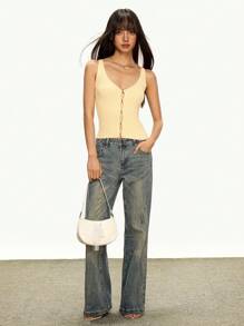INAWLY Women's Dopamine Vacation Style Open Front Casual Knit Vest - Yellow - View 2
