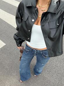 Muchica Fall Clothes Women, Flap Detail Drop Shoulder Crop PU Leather Jacket,Casual Button Drop Shoulder Collar Regular Fit Solid Color Women Jackets, Suitable For Daily Wear