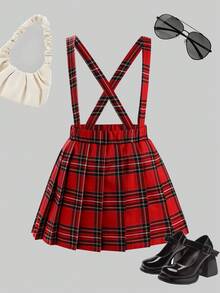 Elladie kids Young Girls' Black & Red Plaid A-Line Pleated Suspender Skirt, Classic Retro Suspender Design Adds Childlike Innocence And Playfulness, Pleated Midi Suspender Skirt, Spring/Autumn Girls Red Plaid Skirt Set Cute School Clothes School Girl Clothes Girls Suspender Skirt Fall Winter - Red - View 4