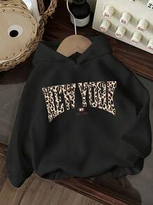 SHEIN 青少年女孩休闲长袖连帽厚运动衫，适合秋冬季 - 黑色 - 查看 1