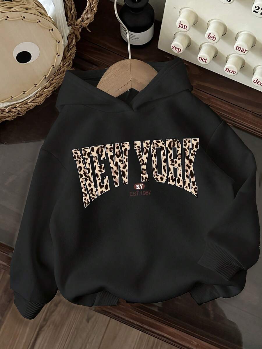 SHEIN 青少年女孩休闲长袖连帽厚运动衫，适合秋冬季 - 黑色 - 查看 1