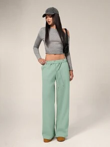 SHEIN Forever 21 秋冬新款休闲宽松高腰松紧腰阔腿运动裤加厚保暖内衬 - 薄荷綠 - 查看 4