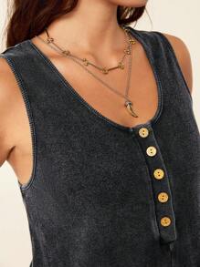 Freevana 休闲水洗面料音乐节春夏基本款连体裤，带口袋休闲连体衣，带口袋女式连体衣，女式短款连体裤，复古老钱风格女式街头服饰，秋季服装，返校季卡哇伊街头服饰，女式复古服装，垃圾摇滚基本款科技风服装，基本款运动服，背心 - 灰色 - 查看 4