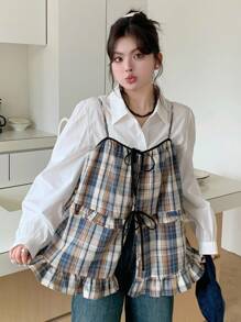 Dazy Plus Plaid Patchwork Bowknot Loose Casual Layered Plus Size Women Camisole And Tank Top - Multicolor - View 4