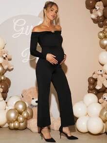Loomaby Eleganter Party-Jumpsuit in Unifarbe, Off-Shoulder für Schwangere - Schwarz - Übersicht 7