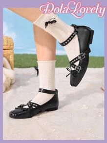 Dola Lovely Giày ba lê kim loại khóa chéo màu xanh satin dễ thương mới cho nữ mùa xuân, giày bệt nữ thanh lịch ngọt ngào cỡ lớn - màu đen - Xem 4