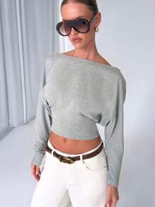 AiiRZ Áo crop top tay dài hở vai, áo sơ mi thường ngày, áo nỉ bó, áo crop top, thời trang thu đông, cổ thuyền, thiết kế hiện đại, tối giản, cơ bản, thiết yếu - Xám - Xem 1