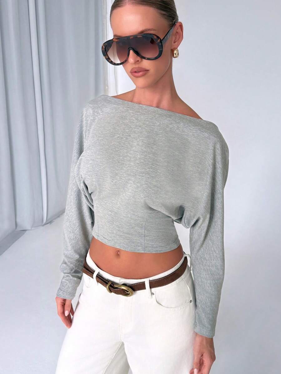 AiiRZ Áo crop top tay dài hở vai, áo sơ mi thường ngày, áo nỉ bó, áo crop top, thời trang thu đông, cổ thuyền, thiết kế hiện đại, tối giản, cơ bản, thiết yếu - Xám - Xem 1