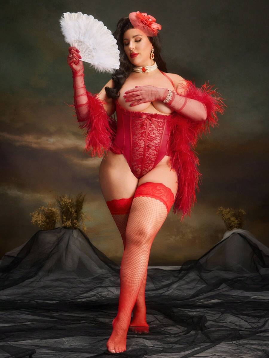 Plus Size Ruffled, Hollow-Out Floral Lace Bodystocking + Thigh High Socks, Sexy Lingerie Set