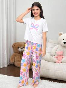 SHEIN 青少年女孩宽松休闲舒适圆领套头 T 恤和裤子家居服套装 - 粉色 - 查看 3