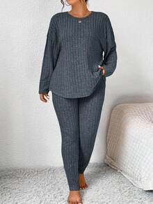 SHEIN Frenchy Plus Size Women's Solid Color Round Neck Drop Shoulder Long Sleeve Ribbed T-Shirt And Pants Casual 2 Pieces Set,Fall Clothes For Women - Dark Grey - View 3