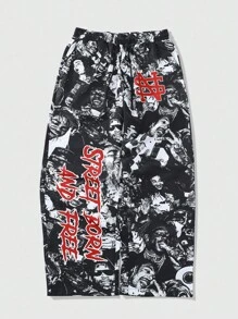 ROMWE MEN Street Life Herren Lässig Hose mit Slogan Aufdruck, geeignet für Frühling/Sommer - Schwarz - Übersicht 5