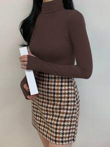 DAZY 女式纯色长袖休闲高领修身打底T恤秋冬 - 棕色 - 查看 4