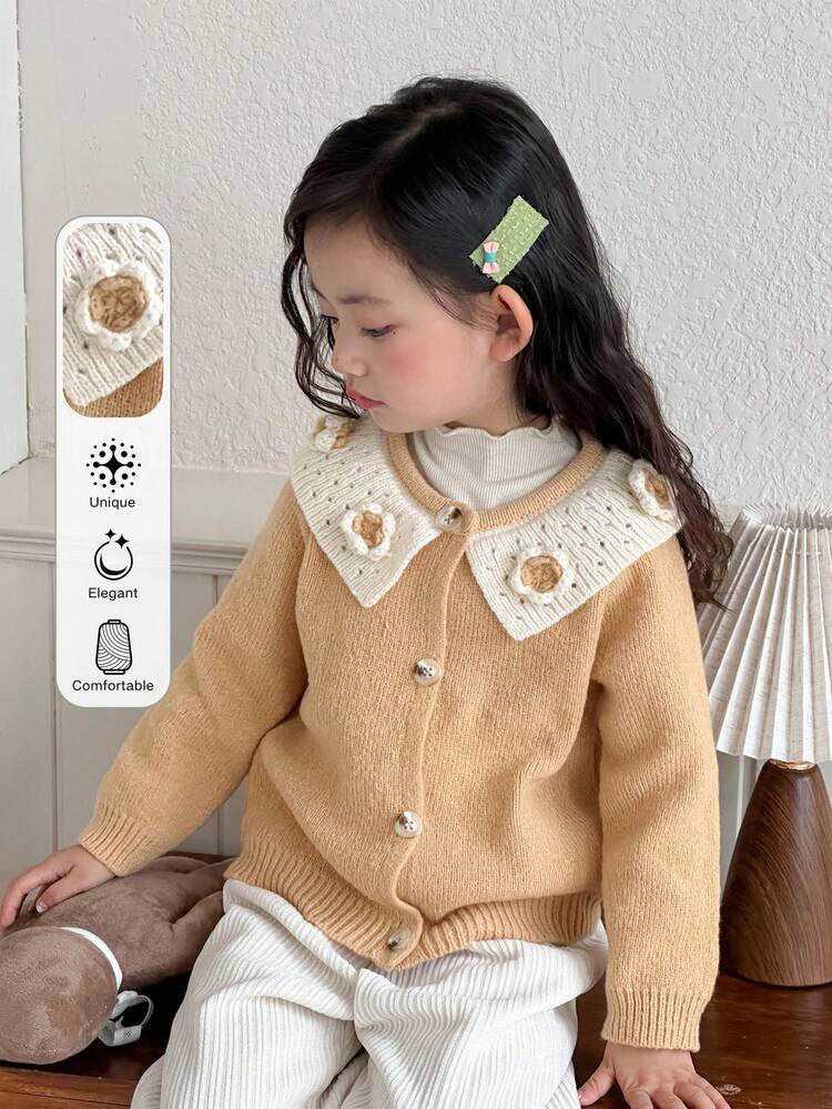 Young Girl Colorblock Floral Decor Cardigan