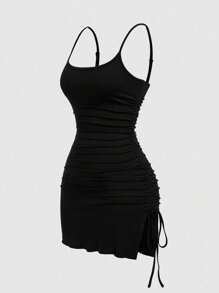 Sweetra CURVE Plus Size Sexy Spaghetti Strap Asymmetric Hem Drawstring Casual Midi Skirt - Black - View 1