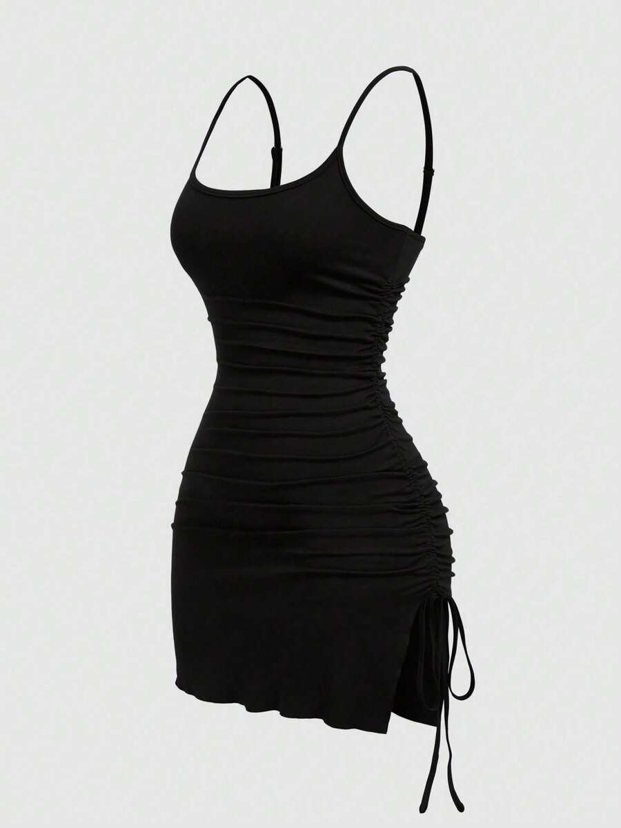Sweetra CURVE Plus Size Sexy Spaghetti Strap Asymmetric Hem Drawstring Casual Midi Skirt - Black - View 1
