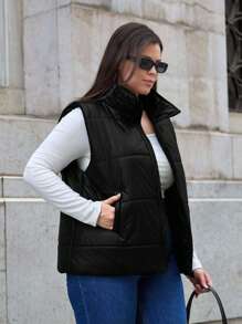 EURMUSE Chaqueta acolchada para mujer de talla grande sin mangas con cierre de cremallera - Negro - Ver 3