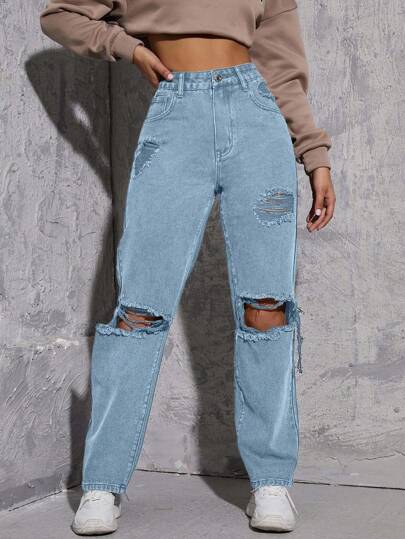 SHEIN Jeans in denim casual lavato e consumato, vita alta