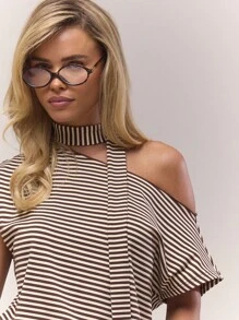 MUSERA 不对称肩部宽松条纹围巾细节不对称修身上衣复古可爱乡村小屋风干净女孩休闲奶油黄奶油糖色优雅春夏假日 - 彩色 - 查看 5