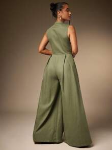 Hauture Extreme Wide Leg Zip Front Sleeveless Jumpsuit - Army Green - View 5
